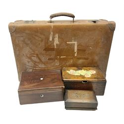 Leather suitcase together with three wooden boxes, suitcase D43cm 