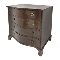 Hepplewhite period serpentine mahogany chest, figured top with banding, four long drawers with original brass plate and ring handles, raised on bracket feet