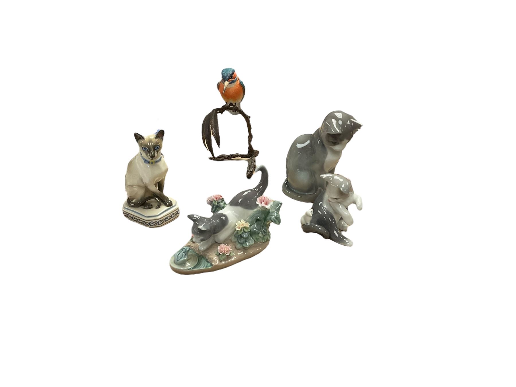 Two Lladro cat figures, comprising Cat and Mouse no 5236 and Kitty Confrontation no 1442, together with Royal Copenhagen cat and three other figures 
