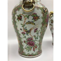 Pair of 19th century Chinese Famille Rose vases and covers, each of baluster form with twin gilt lion mask ring handles to shoulders, the flattened domed covers with gilt temple lion finials, each decorated with alternating reserves of bijin and attendants, and birds and butterflies amongst blossoming peonies, against a gilt ground profusely decorated with stylised scrolls, H32.5cm