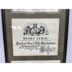 Framed display of three trade gun case labels for Joseph Lang & Son, Henry Atkin and Stephen Grant & Sons, mounted in Hogarth style frame 56 x 25cm