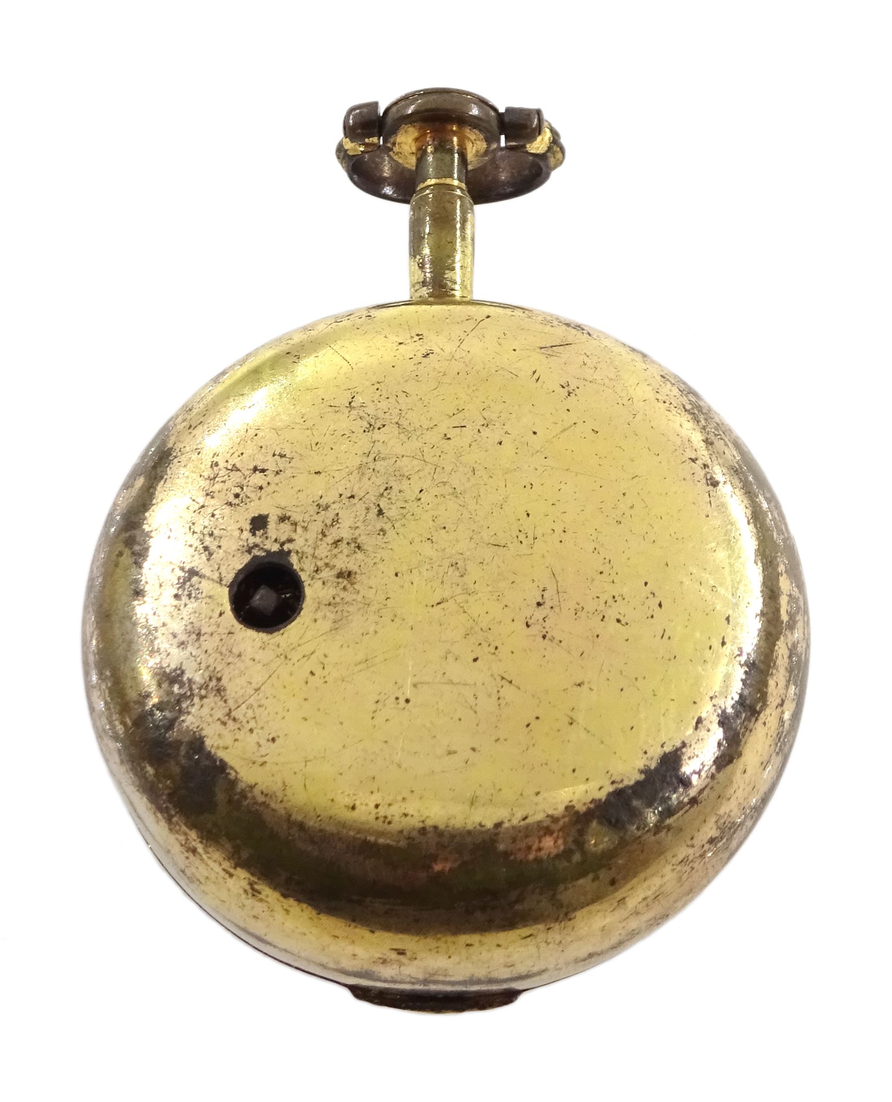 18th century gilt pair cased verge fusee pocket watch by Robert Hyland, London, No. 13345, round baluster pillars, pierced and engraved balance cock, white enamel dial with Roman hours and outer Arabic minute ring, beetle and poker hands, the outer tortoiseshell case with pique work borders