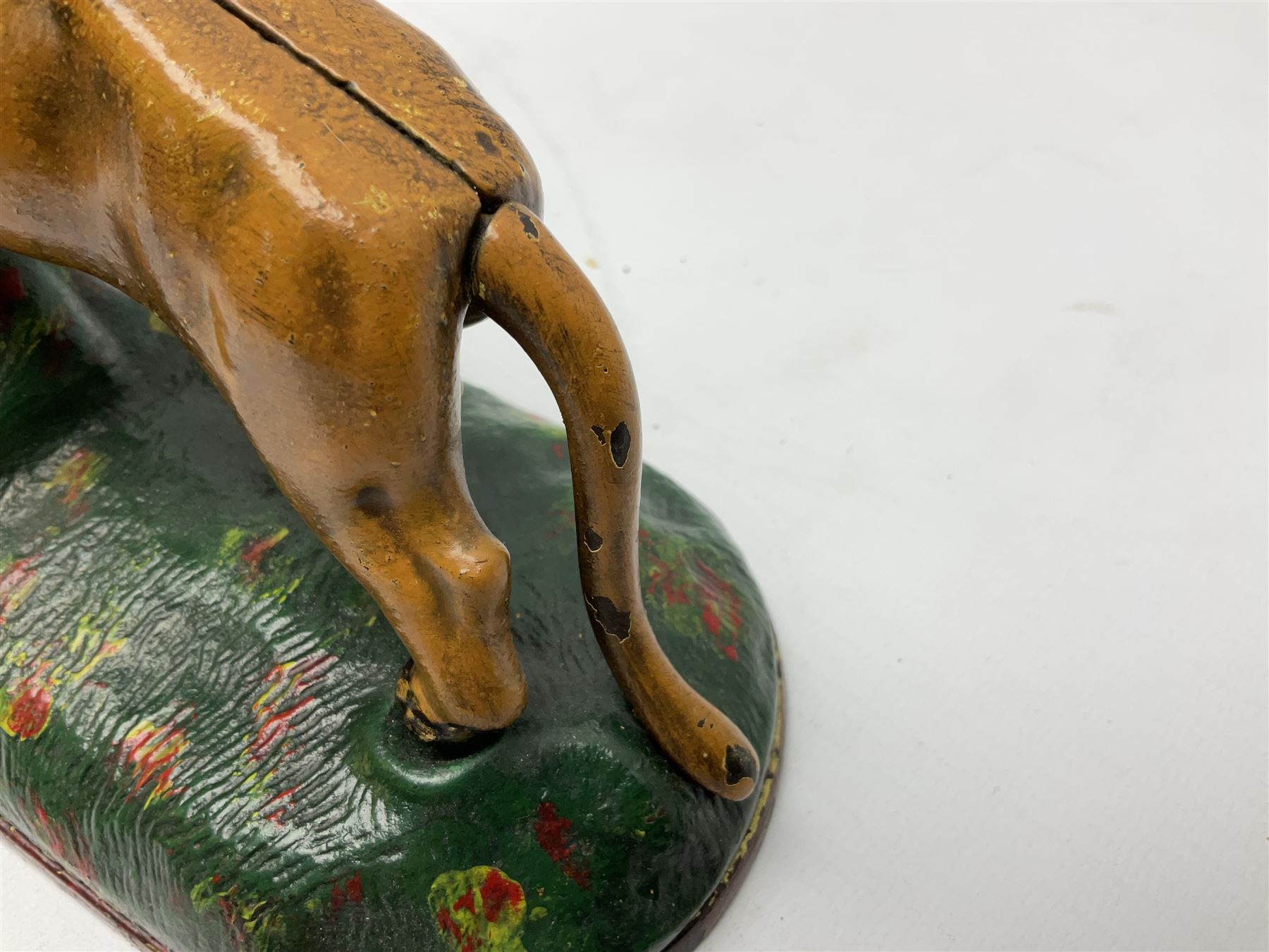 Late 19th century cast-iron mechanical money bank 'Lion and Two Monkeys' by Kyser & Rex with impressed patent mark for 17th July 1883 H25cm L23.5cm