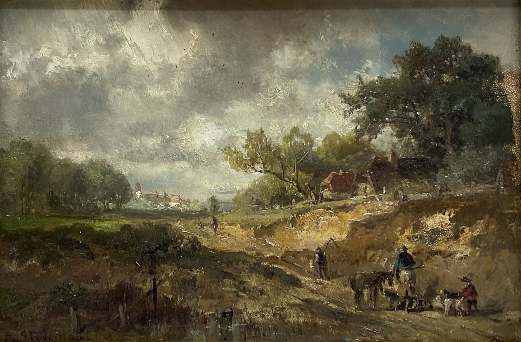 Adolf Stademann (German 1824-1895): 'Near Fenwick' Northumberland - Workers by the Roadside, oil on panel signed, titled verso 19cm x 28cm