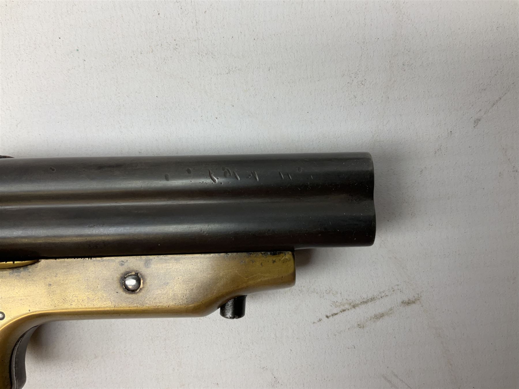 Mid-19th century Sharps' Patent Repeater four-barrelled Deringer pistol, dated 1859, approximately .30 calibre rim fire, brass bodied with rotating firing pin, serial no.8767, L16cm; in fitted rosewood box with label under lid, rack of ten deactivated cartridges, oil bottle and screwdriver and owner's name in brass cartouche to lid.