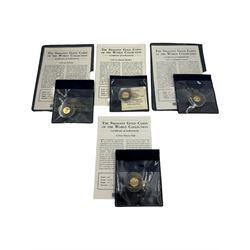 Four one twenty-fifth of an ounce 24 carat gold coins, from 'The Smallest Gold Coins of the World Collection', all with Westminster certificates (4)