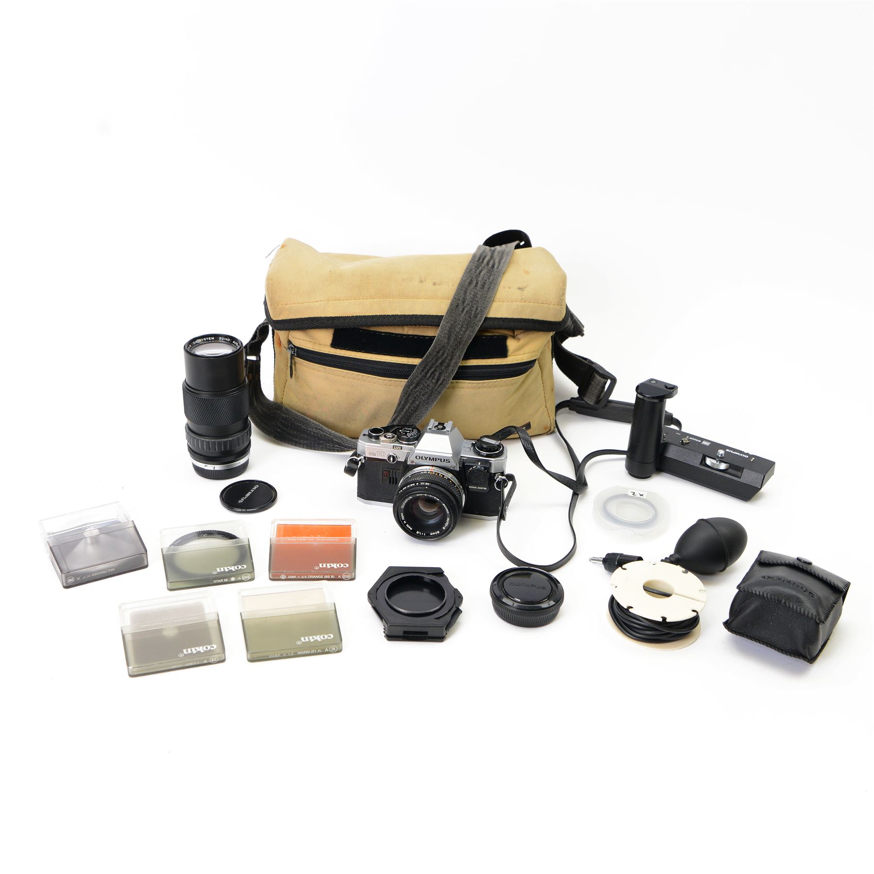 Olympus OM10 SLR camera body serial no. 2255944, with three Olympus OM-System Zuiko lenses including Auto-S 50mm 1:1.8, Auto-W 28mm 1:2.8 and Auto-Zoom 75-150mm 1:4, an Olympus Winder 2 and other accessories in soft shell carrycase