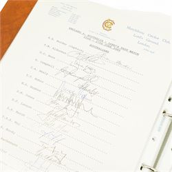 K S Ranjitsinhi - Jubilee Book of Cricket 1897, rebound in full calf and incorporating approximately 250 autographs of international cricketers, collected, compiled and presented by John E Harrison, all edges gilt together with a folder of correspondence, birthday card from Don Bradman, cuttings and autographs etc and a small album of photographs and correspondence