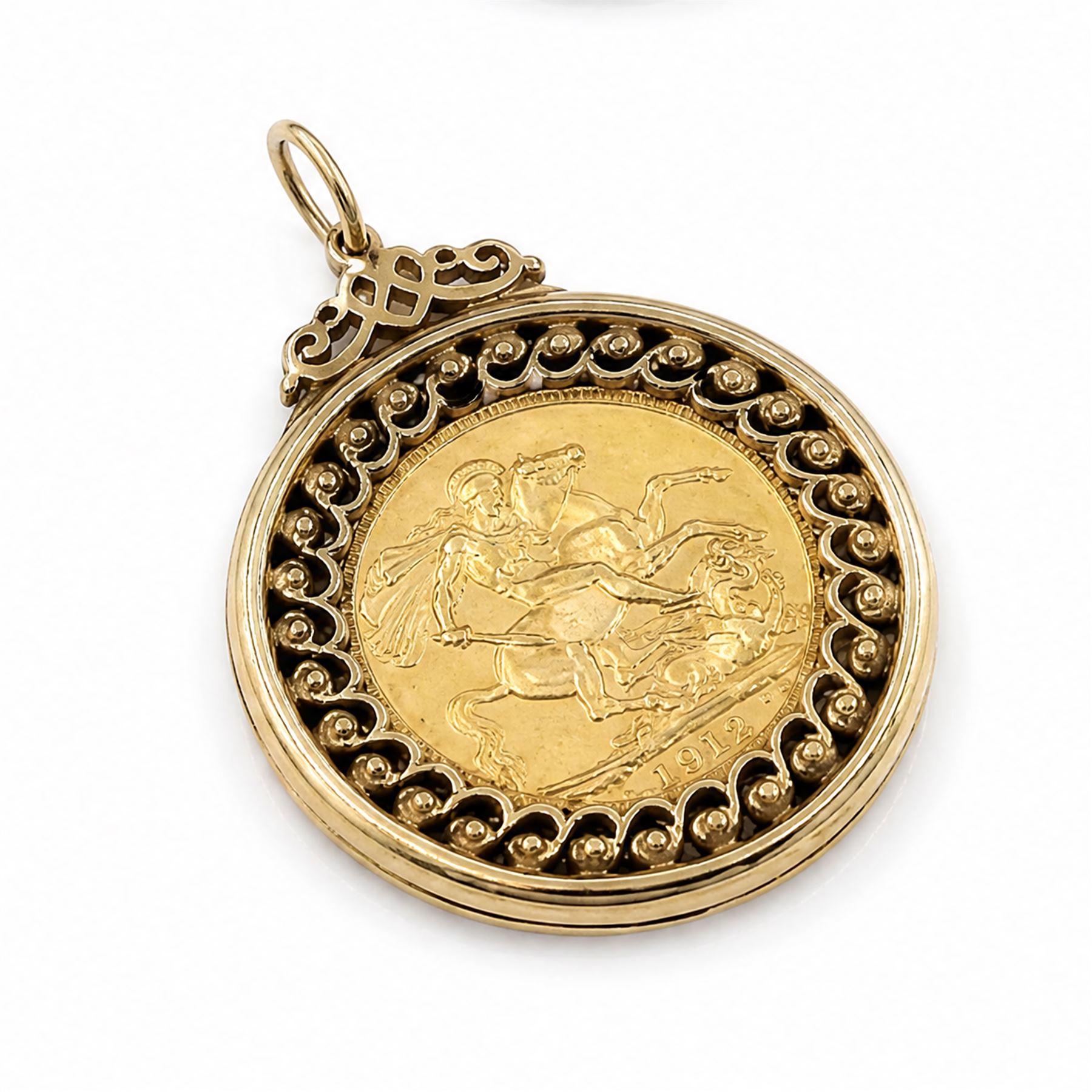 King George V 1912 gold full sovereign coin, loose mounted in a 9ct gold pierced design locket pendant, hallmarked