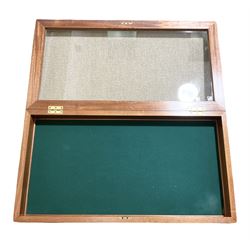 Mahogany framed table top display cabinet, formerly used for guns, with single hinged glazed door and baize lined base L108cm D57.5cm H14.5cm