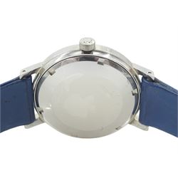 Eterna Matic 1000 gentleman's stainless steel automatic wristwatch, blue dial with baton hour markers and date aperture, on original blue leather strap, with original buckle, boxed