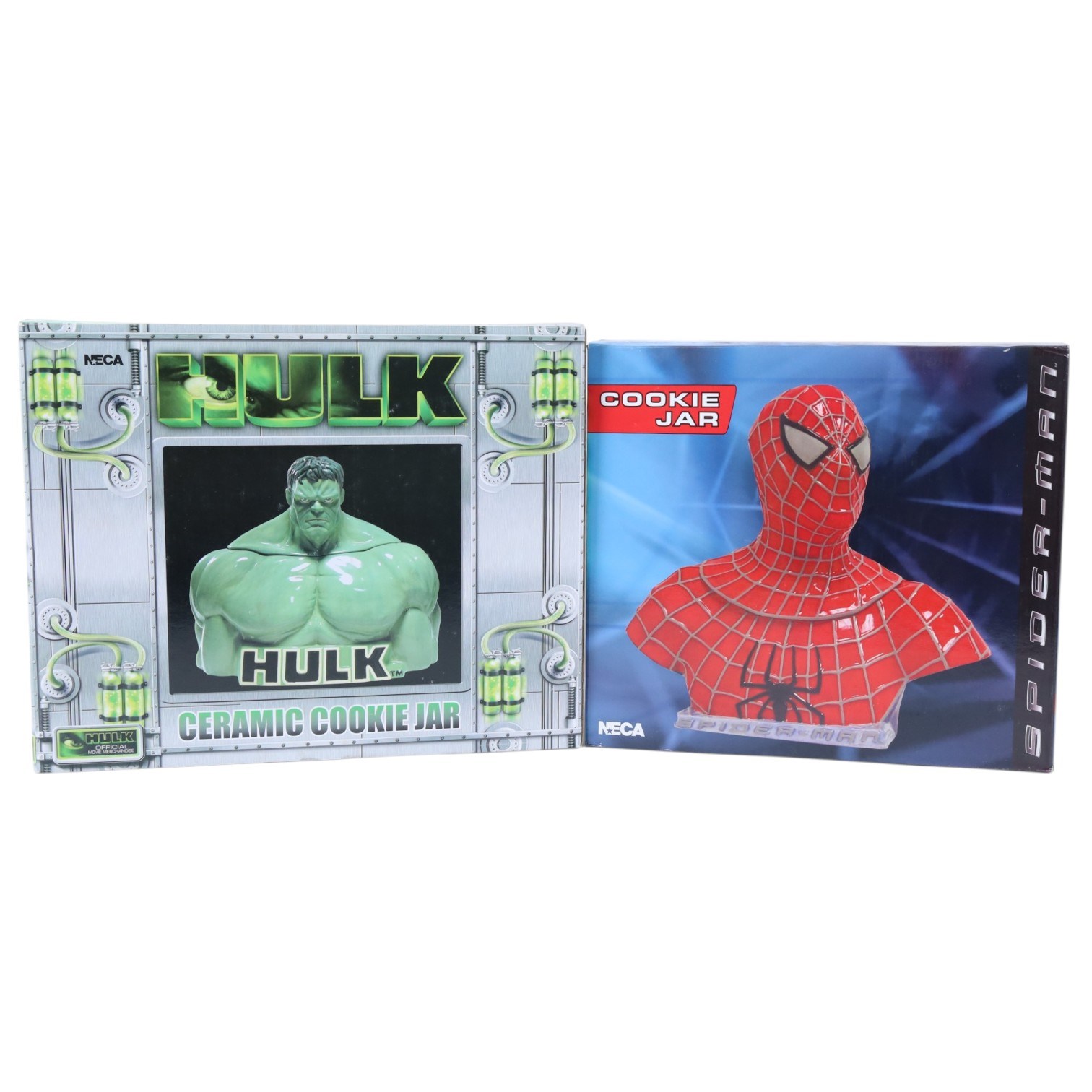 Two Neca cookie jars, Spider-Man and The Hulk, both boxed