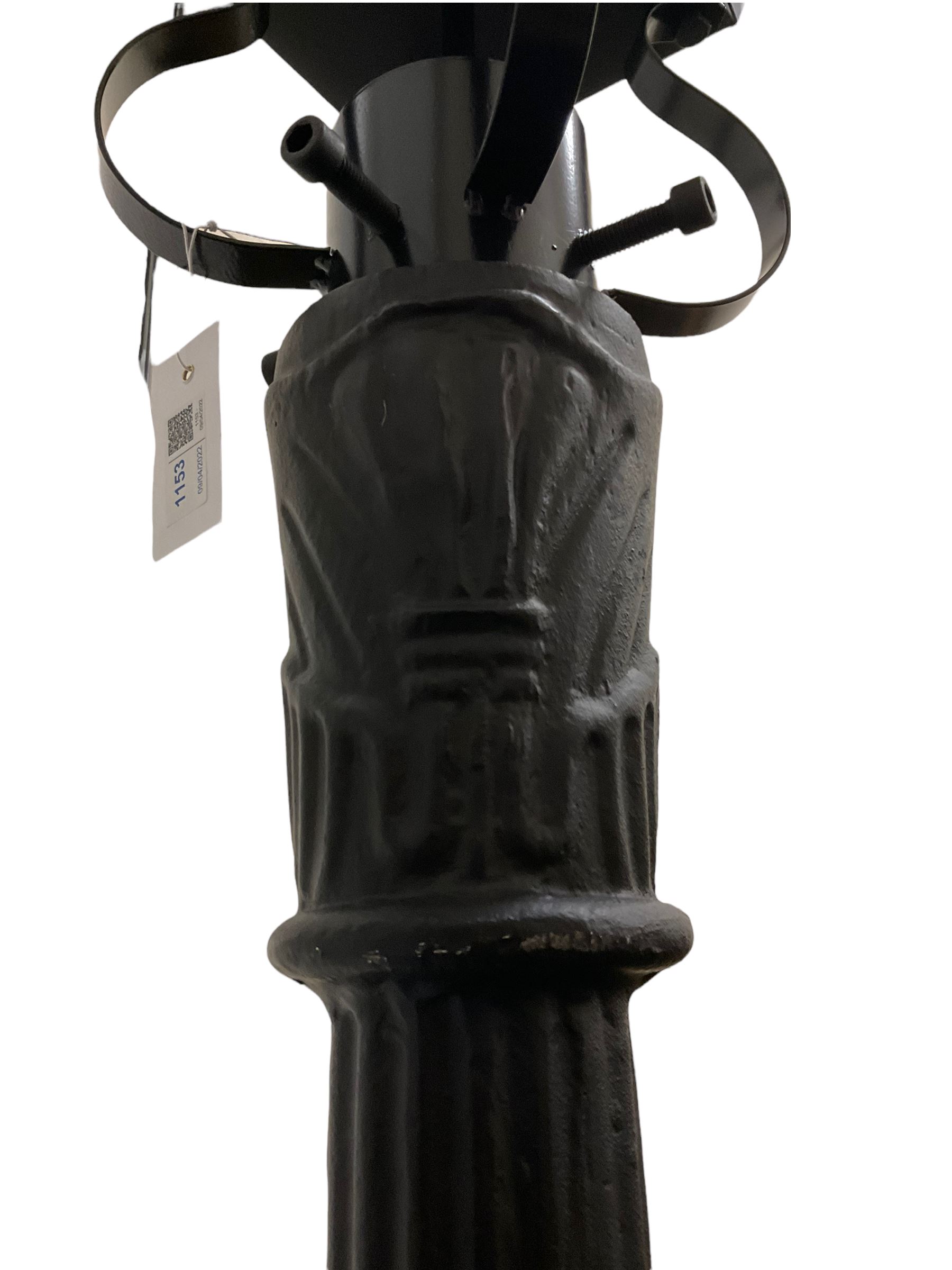 Victorian style cast iron street lamp, fluted column with hexagonal base, four glass lantern top