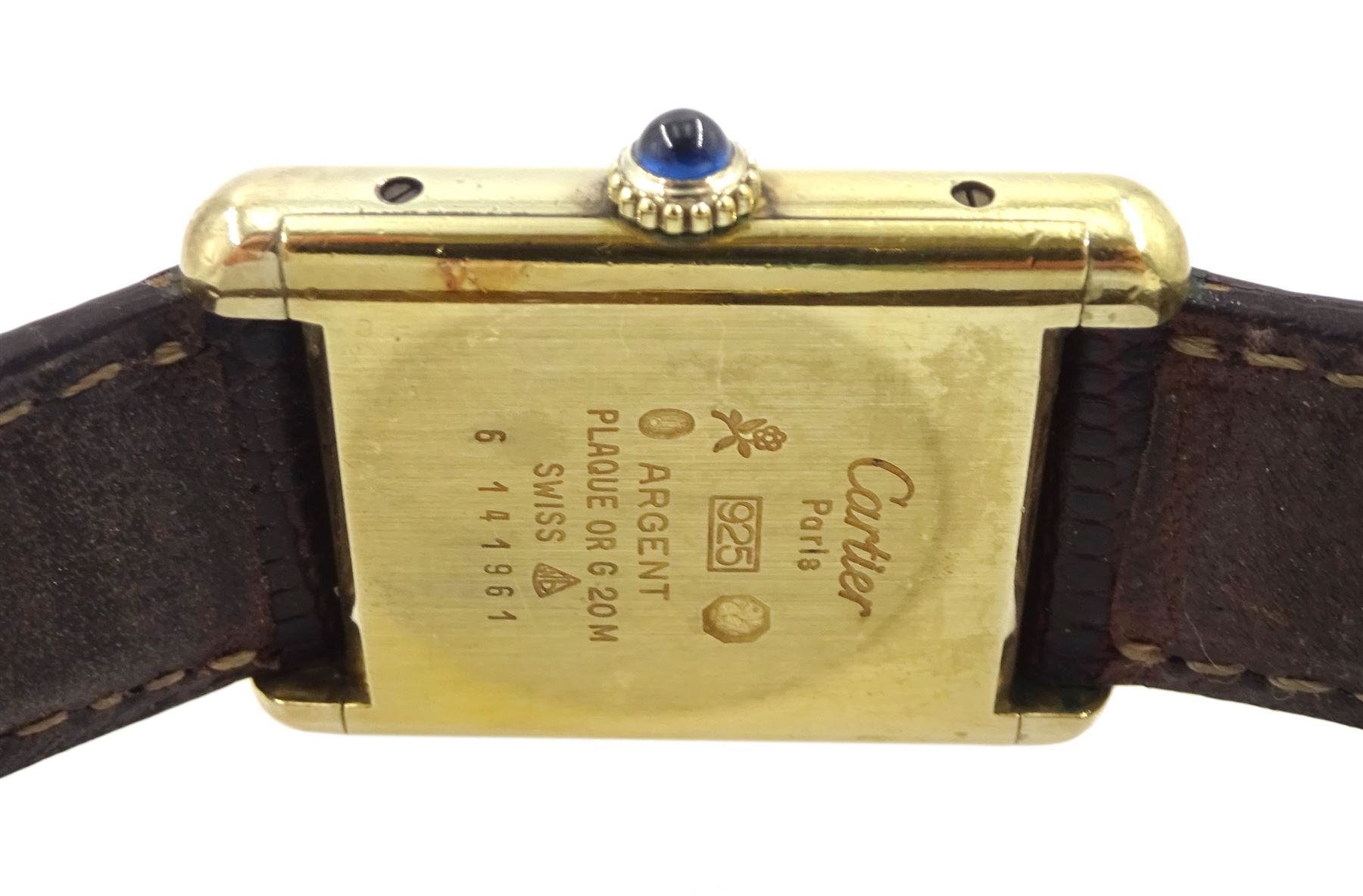Must de Cartier silver-gilt manual wind wristwatch, burgundy dial, back case No 6 141961, hallmarked, on Cartier burgundy leather strap, with gilt buckle boxed with certificate of origin dated 1981
