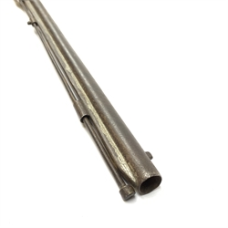 Indian ornamental percussion cap muzzle loading musket with walnut stock, chequered pistol grip, brass fittings and under barrel ramrod L112cm overall