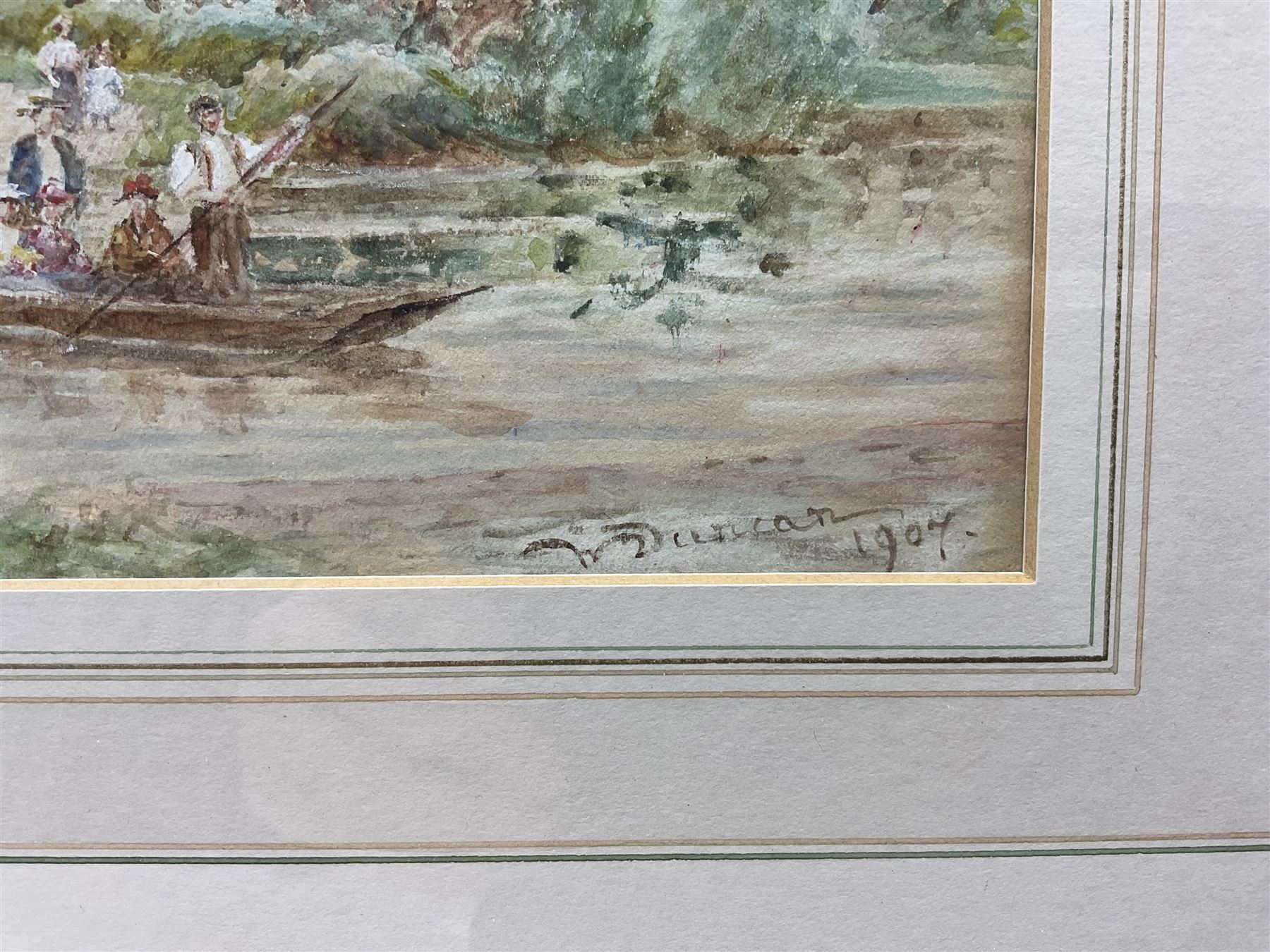 Thomas Pyne RI (British 1843-1935) Ducks in a Pond by a Bridge, watercolour signed and dated 1901, 13cm x 18cm; Walter Duncan (British 1848-1932): Punting on the River, watercolour signed and dated 1907, 13cm x 21.5cm (2)