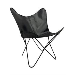 Metal framed butterfly chair upholstered in slung dark tan stitched leather 
