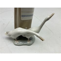 Seven Lladro figures, comprising Playful Puppy no 9135, Platero and Marcelino/Boy Hugging Donkey no 1181, Mini Seal Family no 5318, Attentive Polar Bear no 1207, Seated Polar Bear no1209, Eskimo Boy with Pet no 5238 and Girl with Geese no 1035, together with Nao goose