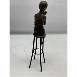 Art Deco style bronze figure of a lady seated on a stool applying lipstick, after Dimetri H Chiparus, with foundry mark, H28cm