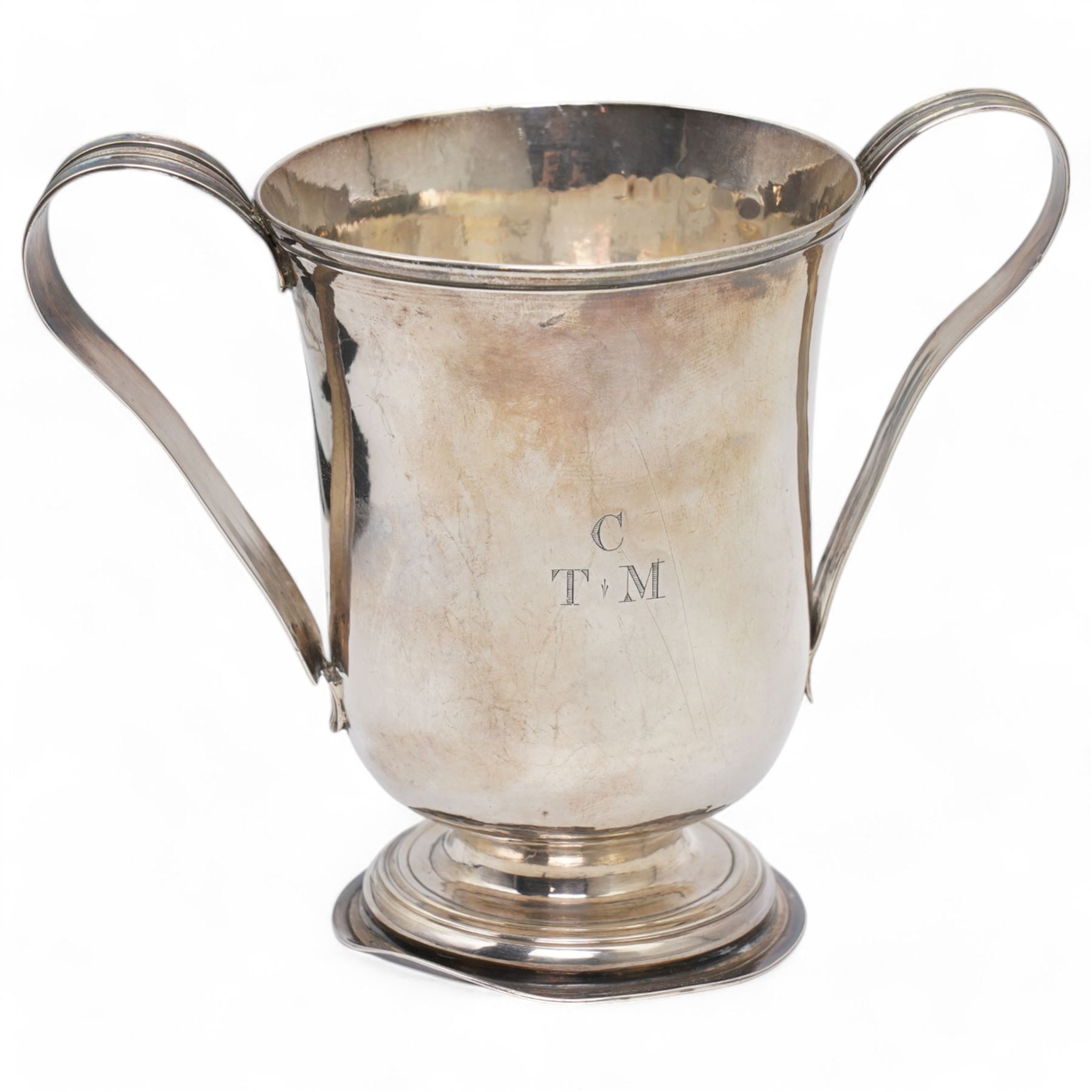 George III provincial silver two handled mug of baluster form engraved with initials, with reeded loop handles H14cm Newcastle 1799 Maker John Langlands II
