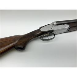 Czechoslovakian BRNO 12-bore side-by-side double barrel sidelock non-ejector sporting gun with Poldi electroplating, the action crudely inscribed '24040544 Pte. J. Ging 1st Battalion Loyal Regiment 1965-1968 Malta G.C.', walnut stock with chequered pistol grip and fore-end and thumb safety, one sling swivel, serial no.5199866, L114.5cm overall RFD ONLY AS LACKING VISIBLE PROOF MARKS