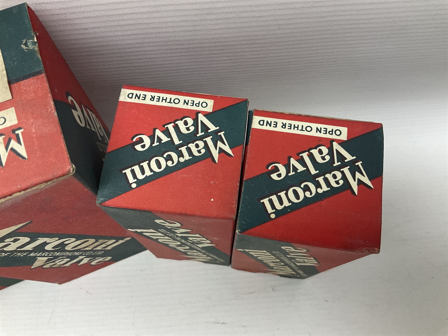 Four Marconi thermionic radio valves/vacuum tubes, comprising MX40, MU14, KTW63 and KT32, boxed, together with three others, to include Ferranti 6K7G valve, boxed, National Union JAN-CNU-6X5G1 and Westing House VU71 I)E/11529 (7)