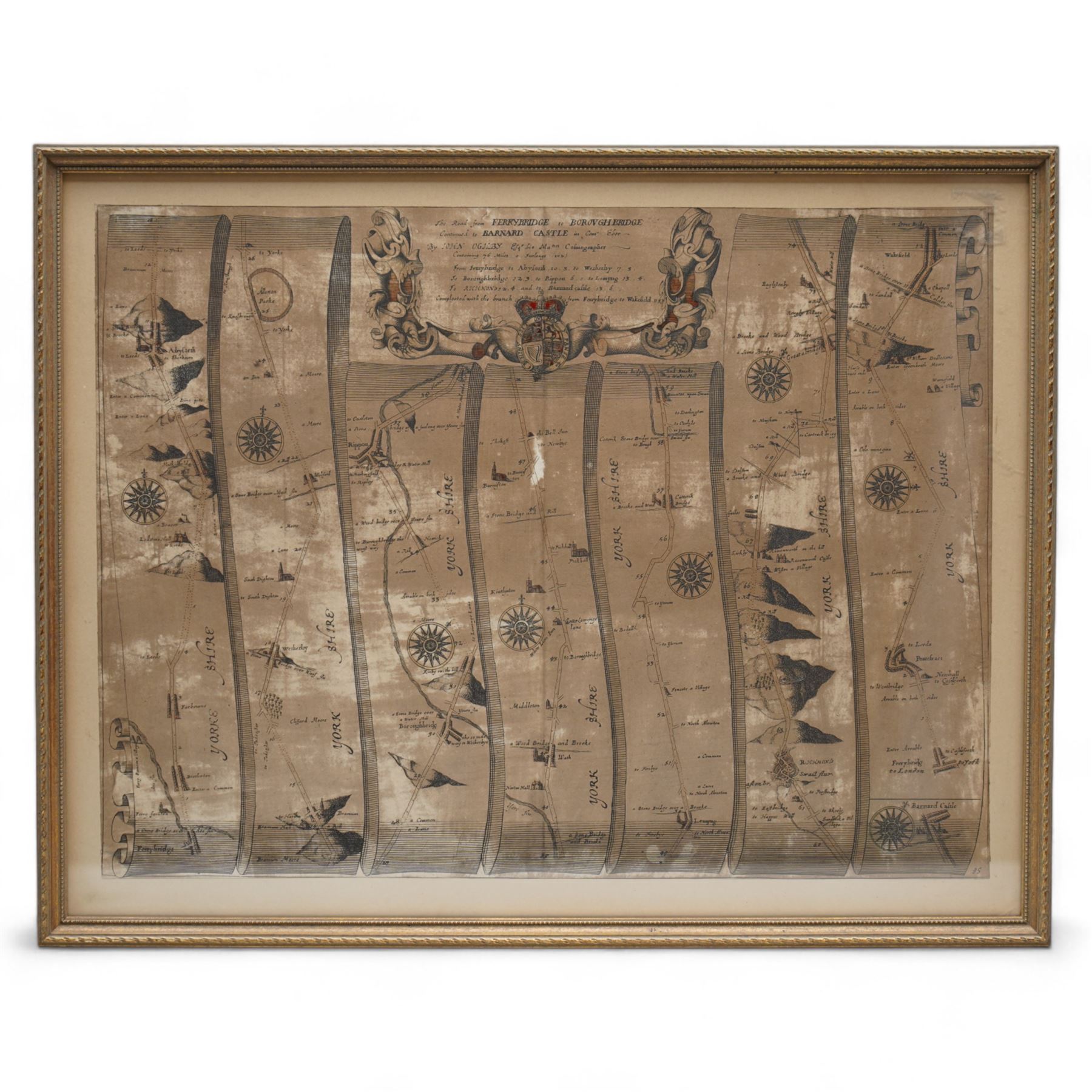 John Ogilby (British 1600-1676): 'The Road from Ferrybridge to Boroughbridge Continued to Barnard Castle', 17th century engraved strip map with hand colouring 35cm x 46cm