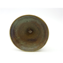  17th/ 18th century Dutch Heemskirk bronze candlestick, knop stem with central drip pan on raised circular base, H23cm  