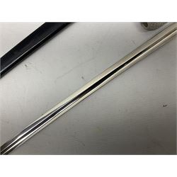 WW2 German Army Prinz Eugen Pattern Officers Dress Sword by Carl Eickhorn, the 80.5cm slightly curving fullered blade with makers name to the ricasso, gilt brass hilt with eagle to the cross-piece and relief of oakleaves to the ferrule, Prinz Eugen style down winged eagle to the pommel of the backstrap; grip retains the original wire binding; in original black painted scabbard with single hanging ring, leather hanger marked 'RZM M5/71 OLC' and silvered knot L97cm overall