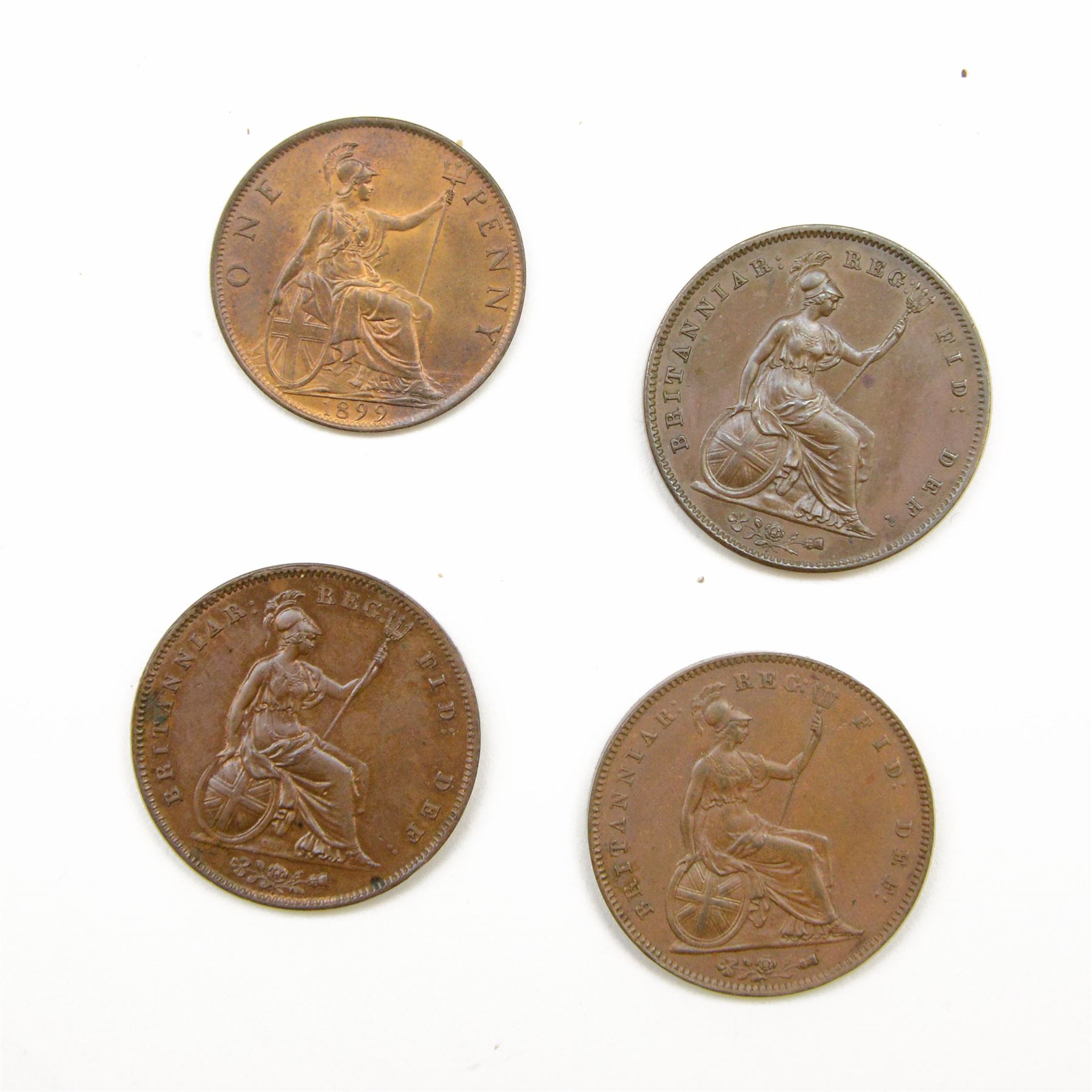 Four Queen Victoria one penny coins, dated 1855, two 1858 and 1899