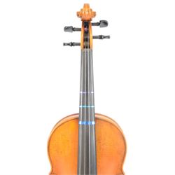 Full size-French 20th century violin, light maple case with chin rest and ebonised tuning pegs and fittings, baize lined hard case, no bow.