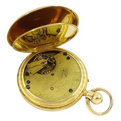 Victorian 18ct gold half hunter, keyless lever pocket watch by Thomas Kirk, 7 Whitefriargate Hull, No. 19325, white enamel dial with Roman numerals and subsidiary seconds dial, back case with crest and engraved initials WH, case makers mark HWB, London 1874