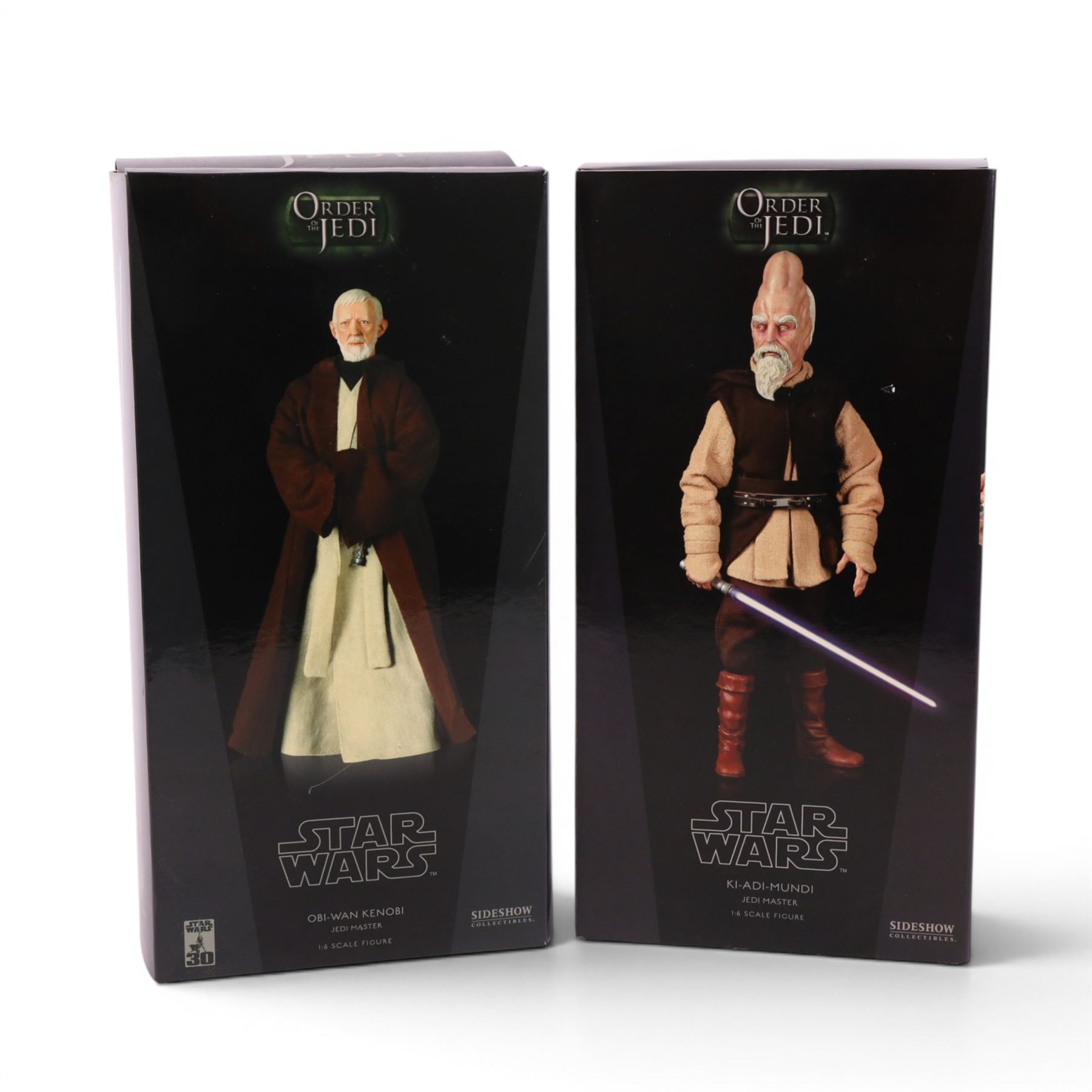 Two Sideshow Collectibles Order of the Jedi 1:6 scale figures, Obi-Wan Kenobi and Ki-Adi-Mundi, both boxed