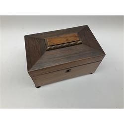 19th century mahogany tea caddy, of sarcophagus form upon four compressed bun feet, together with a 19th century mahogany box with mother of pearl escutcheon and vacant plaque to the hinged cover, an Edwardian mahogany twin handled tray, of oval form with inlaid shell detail to centre, etc. 