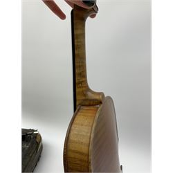 French Mirecourt violin c1920s with 36cm one-piece maple back and ribs and spruce top, labelled Jermone Thibouville-Lamy, L59cm, in fitted carrying case with German bow and 1984 valuation certificate by Frome Valley Music