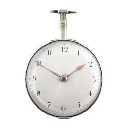 George III silver pair cased verge fusee pocket watch by Hollison, Liverpool, No. 2801, round pillars, pierced and engraved balance cock decorated with a classical urn, white enamel dial with Arabic numerals, bull's eye glass, case makers mark W H, Birmingham 1804