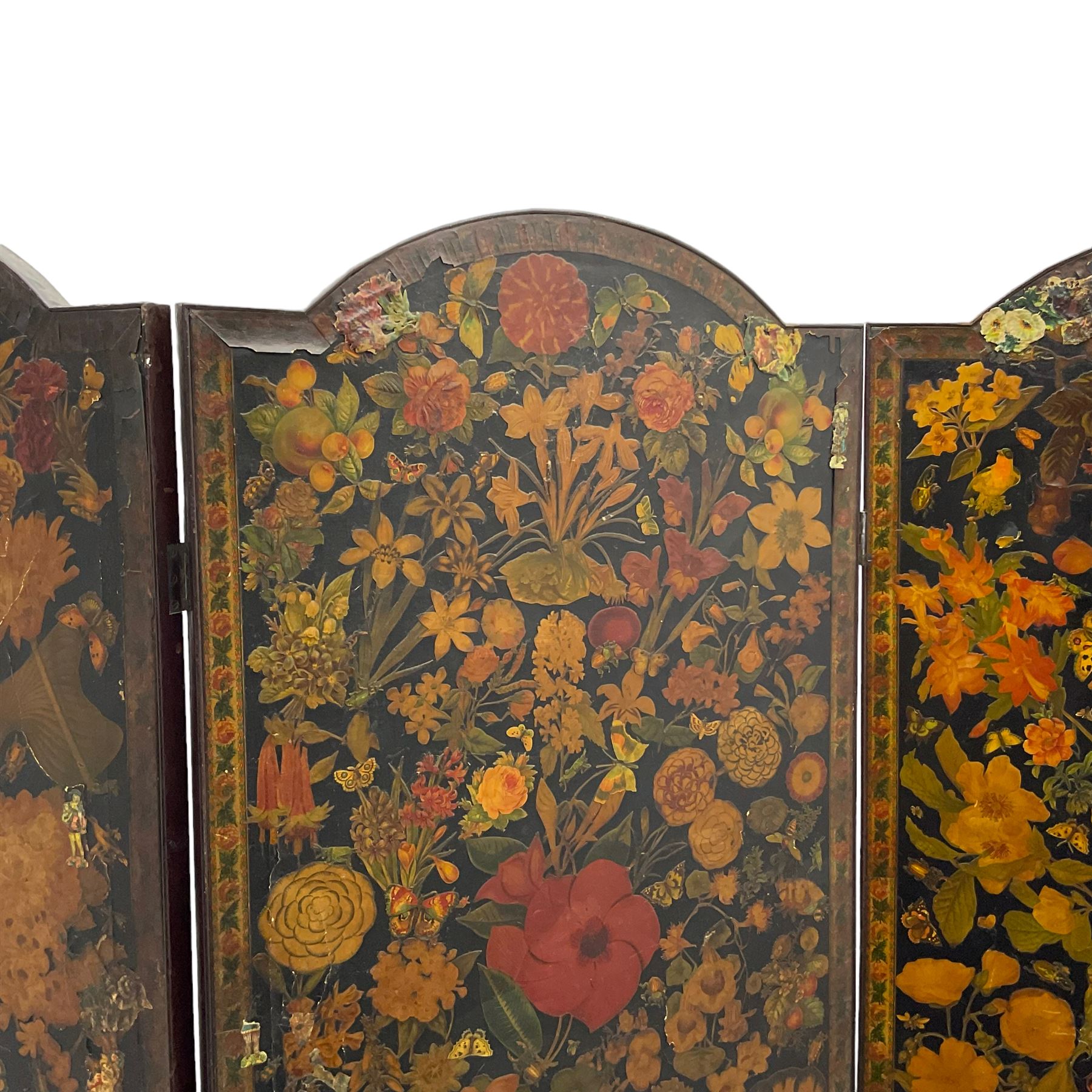 Late Victorian découpage scrap screen, three folding panels decorated with applied plates and cut-outs of portraits, floral and foliate images and animals