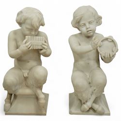 Follower of Claude Michel Clodion (French 1738-1814): The Putti-Faun Orchestra - set of four Italian carved white marble figures of child satyrs as musicians, each finely carved figure depicting a seated putto-faun with youthful features and small goat’s legs and cloven feet, variously playing rustic instruments: a syrinx (Panpipes), a flute, a tambourine and clappers - each raised on an integral waisted square plinth, Italian, circa 1900

Provenance: Kirkham Hall

Notes: Inspired by the rustic god Pan and his followers, these putti-fauns reflect the late-19th-century revival of classical themes popular with Grand Tour collectors; their instruments evoke the god Pan’s pastoral music, while the carving and  composition exemplify the appeal of bacchic subjects in the Italian neoclassical tradition