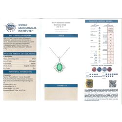 18ct white gold oval cut emerald, round and tapered baguette cut diamond pendant necklace, emerald 1.19 carat, total diamond weight 0.88 carat, with World Gemological Institute report