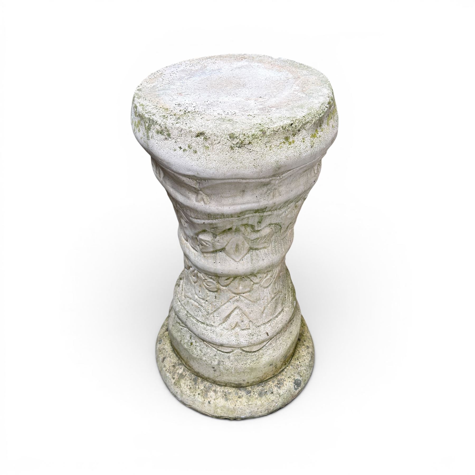 Collection of cast stone garden ornaments - three figure bird baths, figure on plinth, seated lion, lion, boy figure, and stone trough (9)