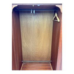 Stag Minstrel - pair of mahogany double wardrobes, comprising a larger wardrobe with a shelf and hanging rail behind two panelled doors (W127cm, D59cm, H177cm); and a smaller wardrobe enclosing a single hanging rail (W96cm, D59cm, H177cm), both finished with projecting cornices and raised on bracket feet



