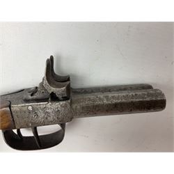 Mid 19th century double barrel percussion muff pistol, joined 7cm octagonal barrels with walnut stock19cm overall; a matching single barrel muff pistol 17cm overall (2)