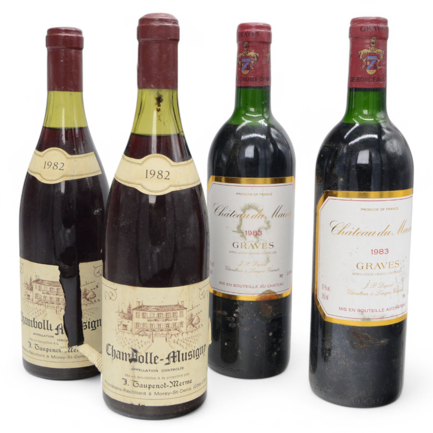 Mixed red wine; two bottles of Chateau du Maine 1983 Graves 12% vol 750ml, two bottles of Taupenot-Merme 1982 Chambolle-Musigny unknown proof 75cl 