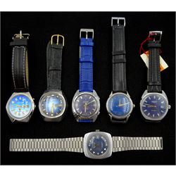 Five gentleman's automatic wristwatches including Erterna, Carronade Chronomaster, Citizen, Ricoh and Lanco and a Belmont manual wind alarm wristwatch, all with blue dials