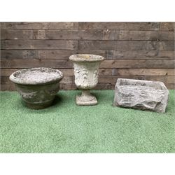 Cast stone garden urn, circular planter and a small rectangular planter