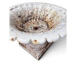 Coalbrookdale - pair of 19th century cast iron petal rim urns, squat form on square plinth, finished in distressed white paint, design registration number 133334, first registered 19 september 1860, number 19 in the Coalbrookdale Castings Catalogue (see illustration)