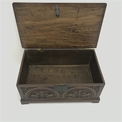 19th century oak bible box, hinged lid, carved front panel, shaped bracket supports, W69cm, H30cm, D41cm