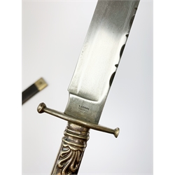 Large Bowie knife, the 20cm steel blade marked R. Coope(r?) Sheffield England, with plated crosspiece and pistol grip embossed with scrolls and anthemion, in plated and leather scabbard L33cm overall