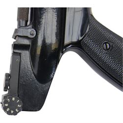Webley Hurricane .177 air pistol, the chamber marked 'Hurricane' and 'Webley & Scott Ltd. Birmingham England' beneath, with front hooded sight and black checkered grip, H14cm, L28cm