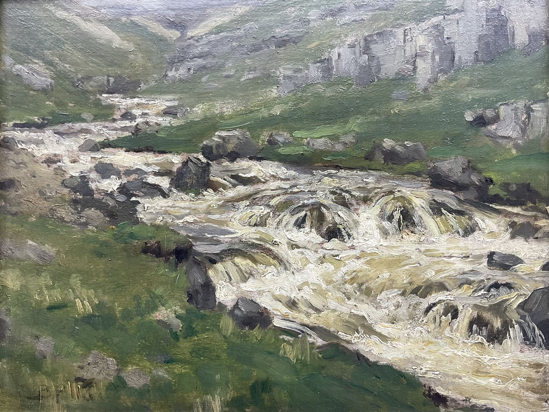 Bertram Priestman RA ROI NEAC (British 1868-1951): 'Starbottom Beck in Spate', oil on panel signed with initials and indistinctly dated '15?, 20cm x 26cm 
Provenance: private East Yorkshire collection, purchased Sotheby's Billingshurst 22nd February 2000 Lot 856; exh. Coughton Galleries, Alcester, label verso; exh. 'Bertram Priestman RA', Cartwright Hall, Bradford & Ferens Gallery, Hull, 1981, No.81